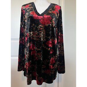 Venezia Womens Floral Velour Top Sz 18/20 V-Neck Black Red Stretchy Long Sleeve